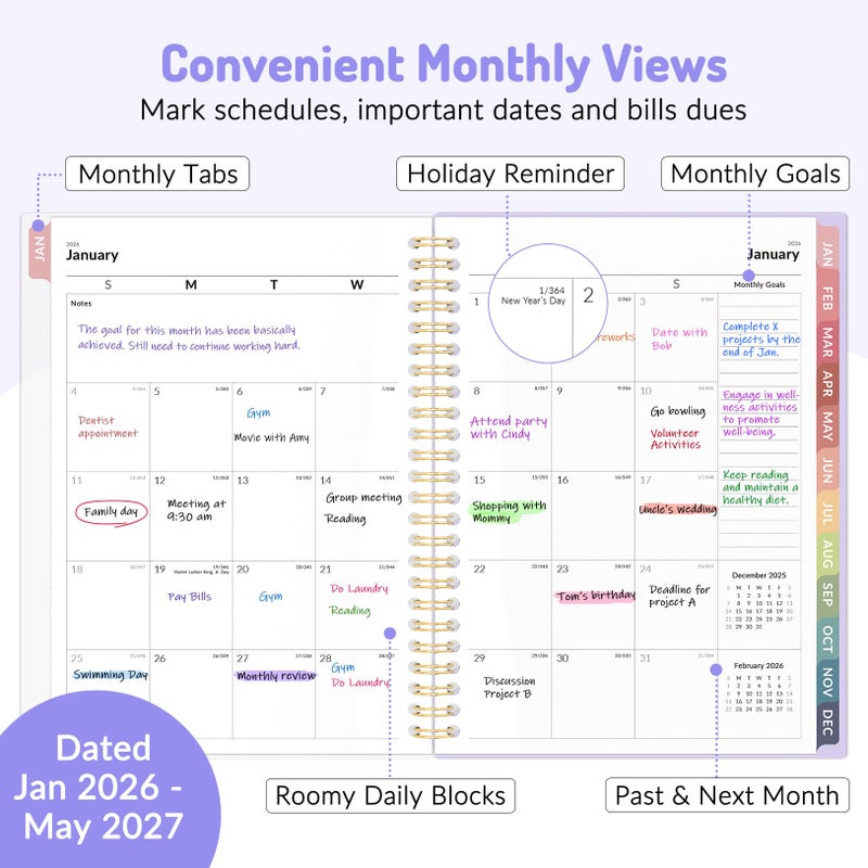 Forvencer Planner 2026-2027, 17 Month Weekly and Monthly Calendar Planner, Jan 2026 -May 2027, 6.3"" x 8.4"", Daily Agenda Book with Tabs, College School Supplies for Student Teacher Home, A5, Pink - Image 3
